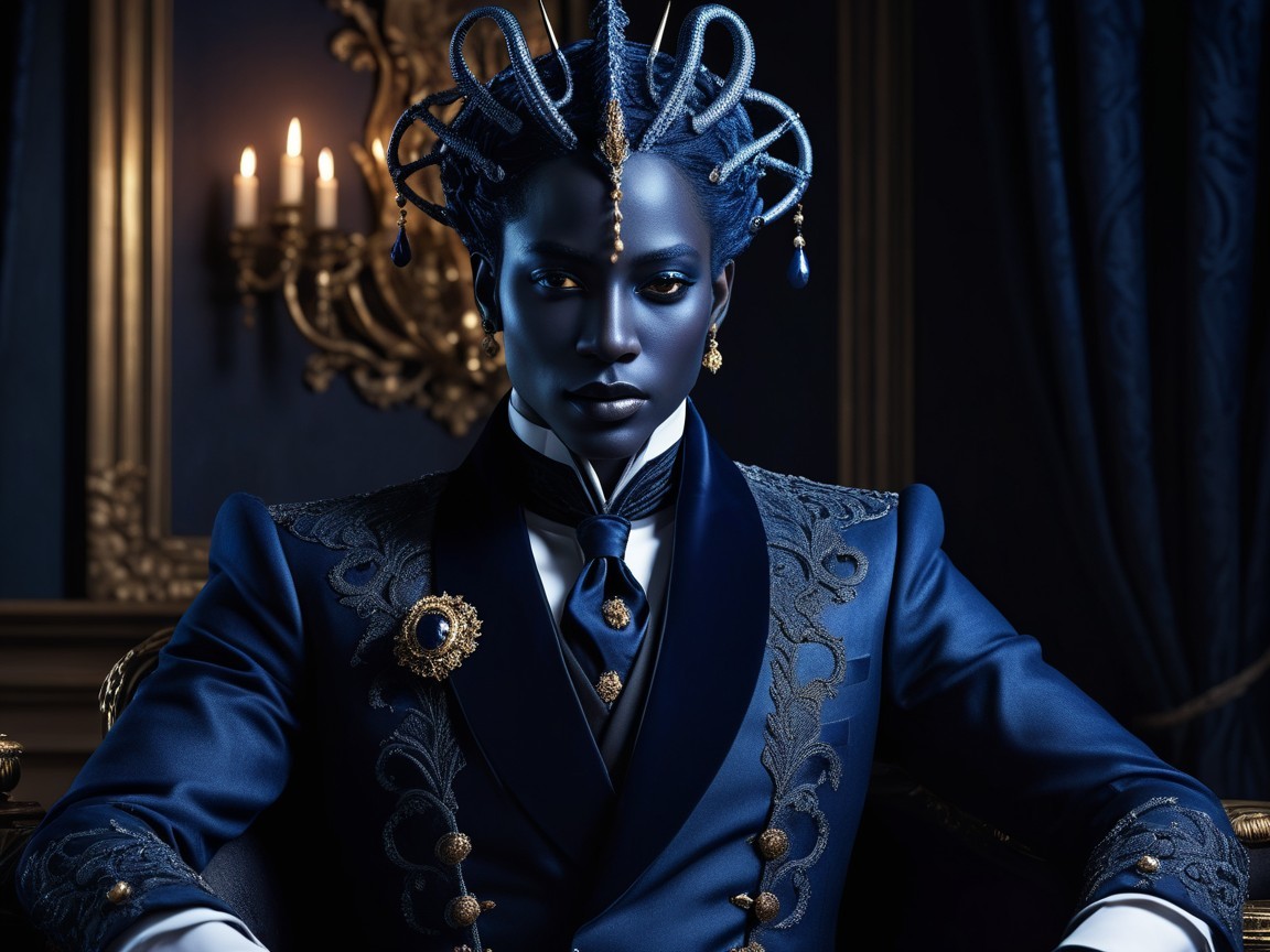 Regal Figure in Blue Suit with Gold Accessories