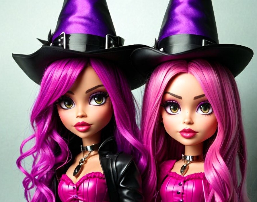 Fashionable dolls in pink outfits and witch hats