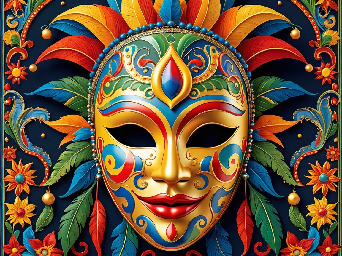 Vibrant Mask with Colorful Feathers and Floral Patterns