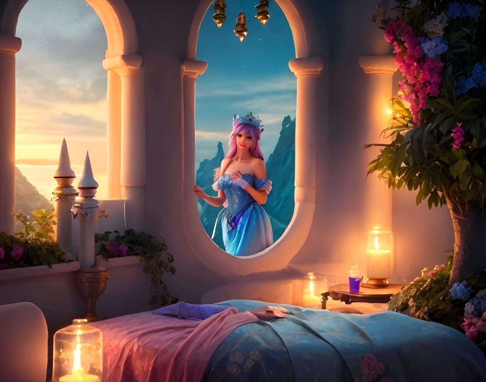 Dreamy Room with Young Woman in Blue Gown