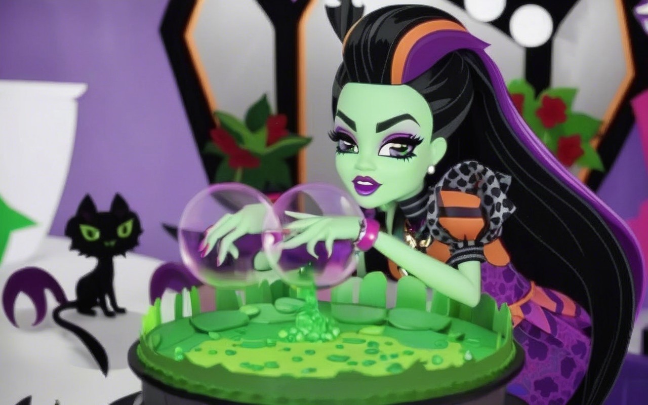 Animated Character with Green Skin and Cauldron Scene
