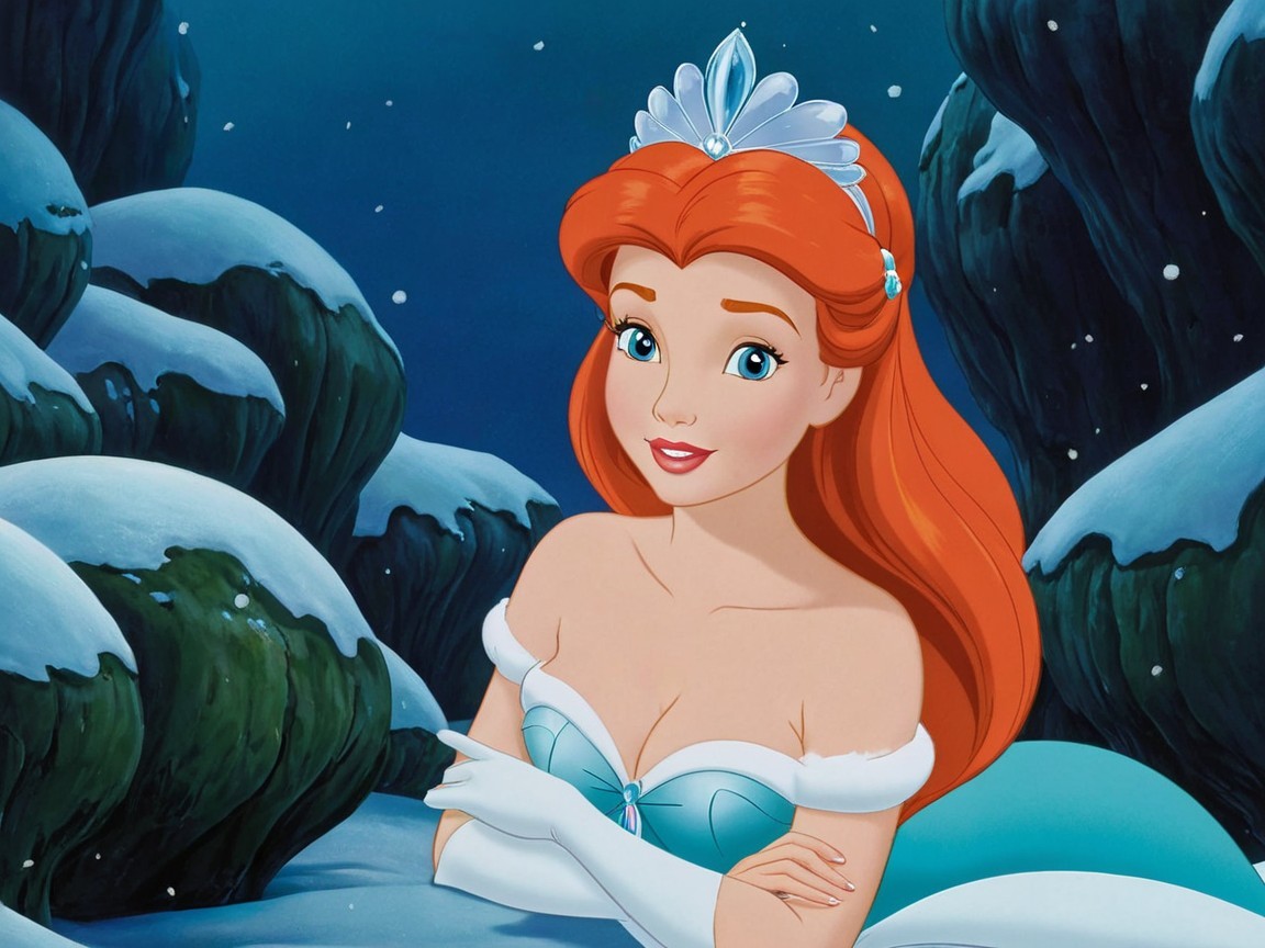 Animated character in snowy fairy-tale landscape