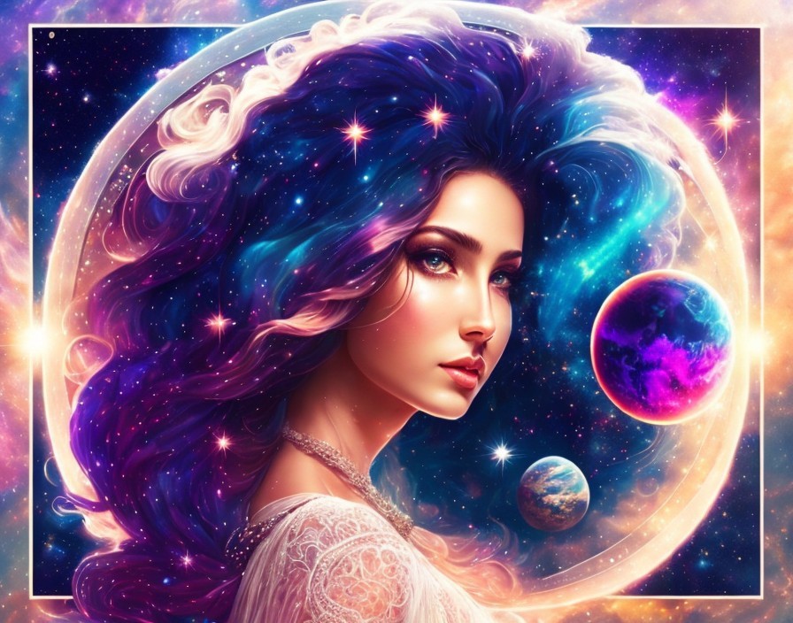 Portrait of a woman with cosmic nebula-inspired hair