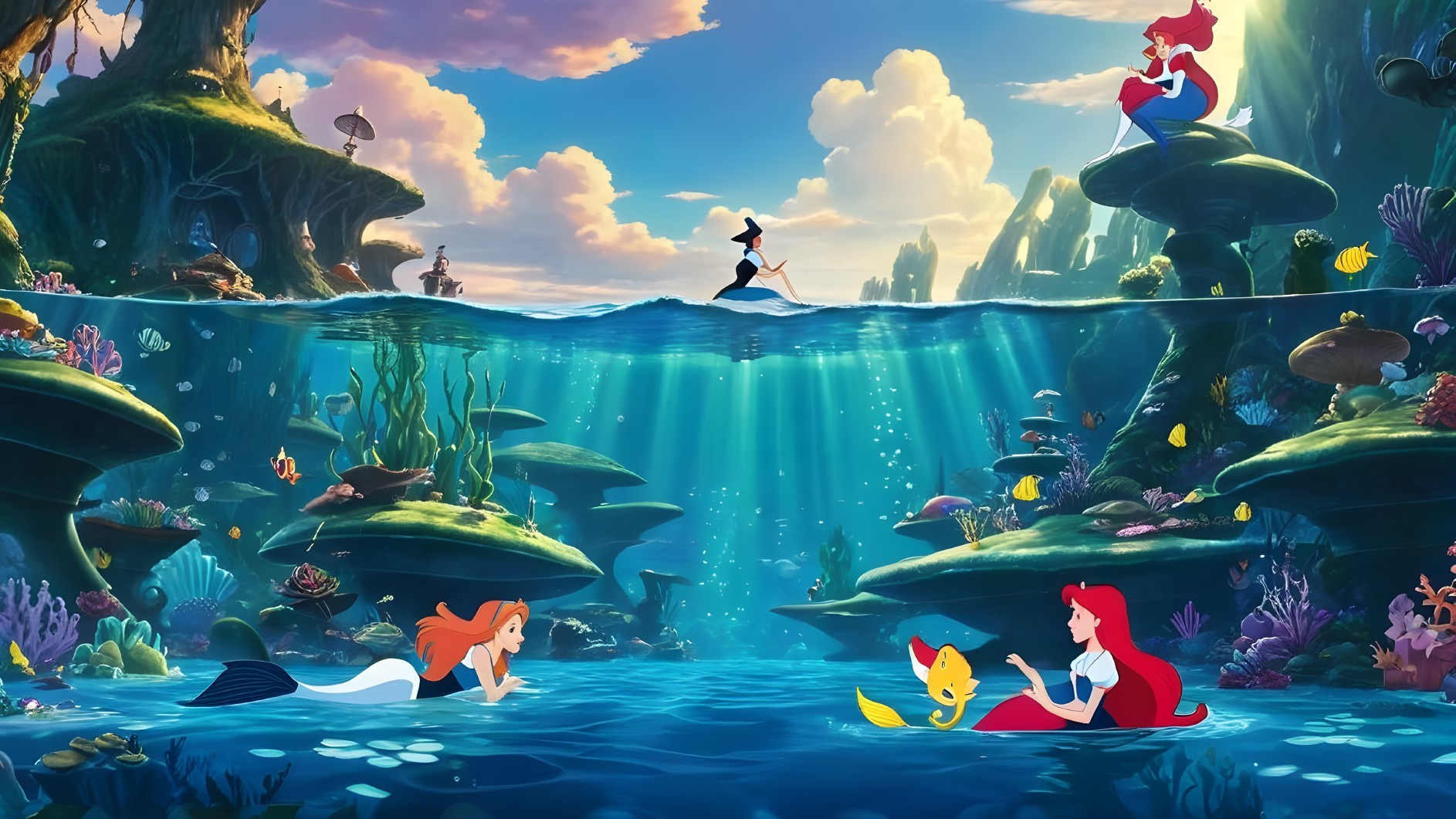 Underwater Scene with Mermaids and Colorful Coral Reefs
