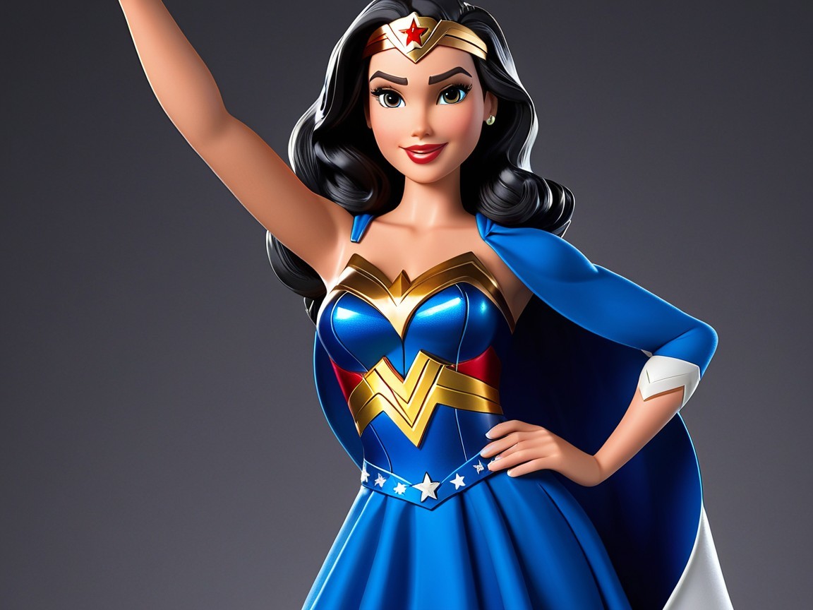 Stylized Superhero Character with Blue Dress and Cape