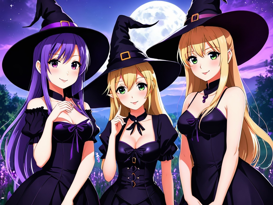 Anime Witches in Elegant Dresses Under Full Moon