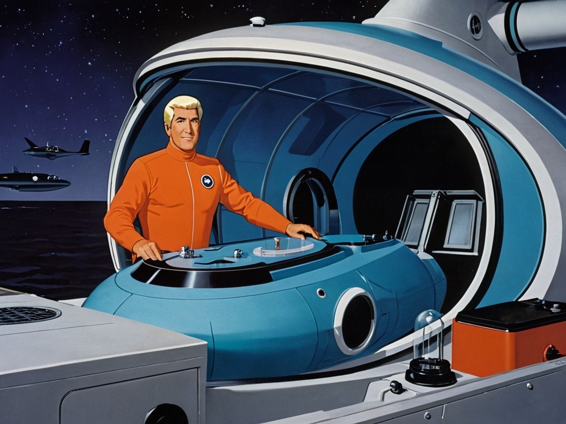 Futuristic astronaut in sleek spacecraft with control panel