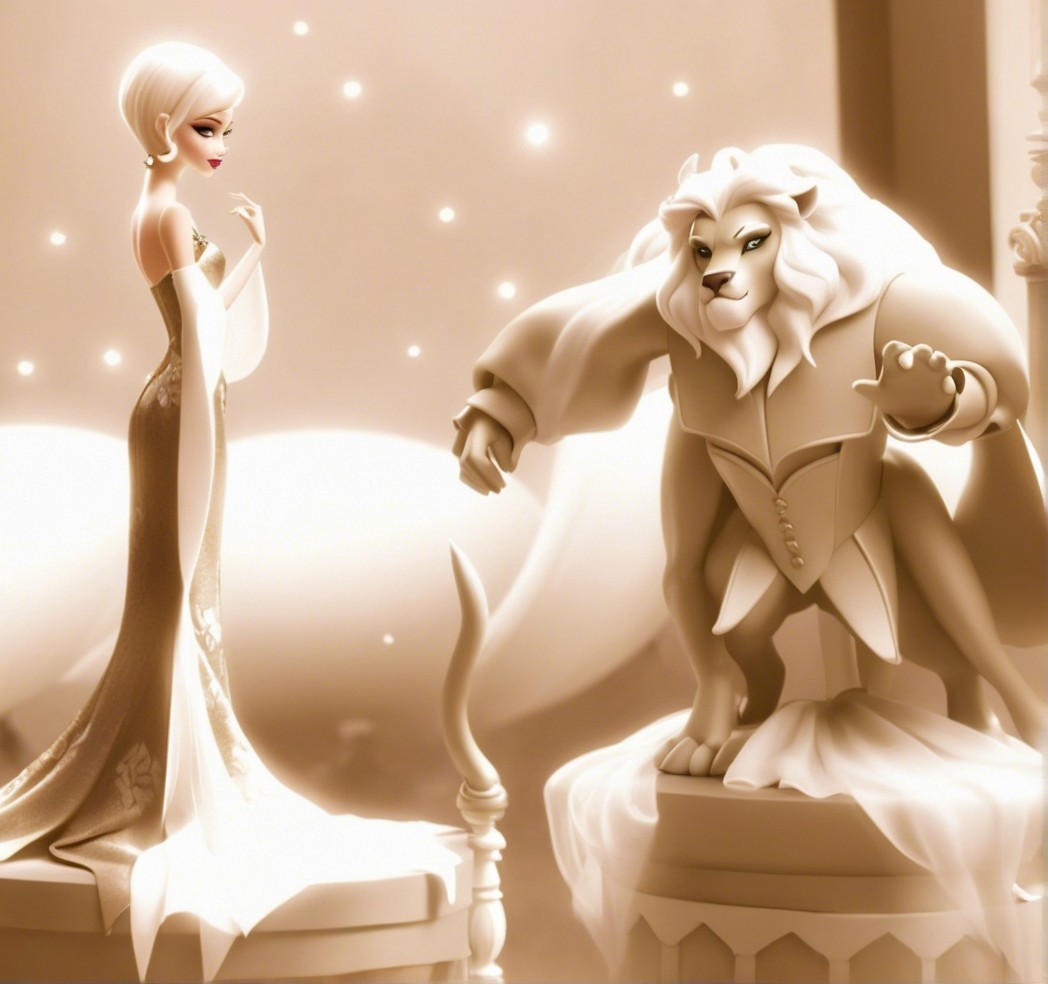 Elegant Woman and Lion in Dreamy Sepia Scene