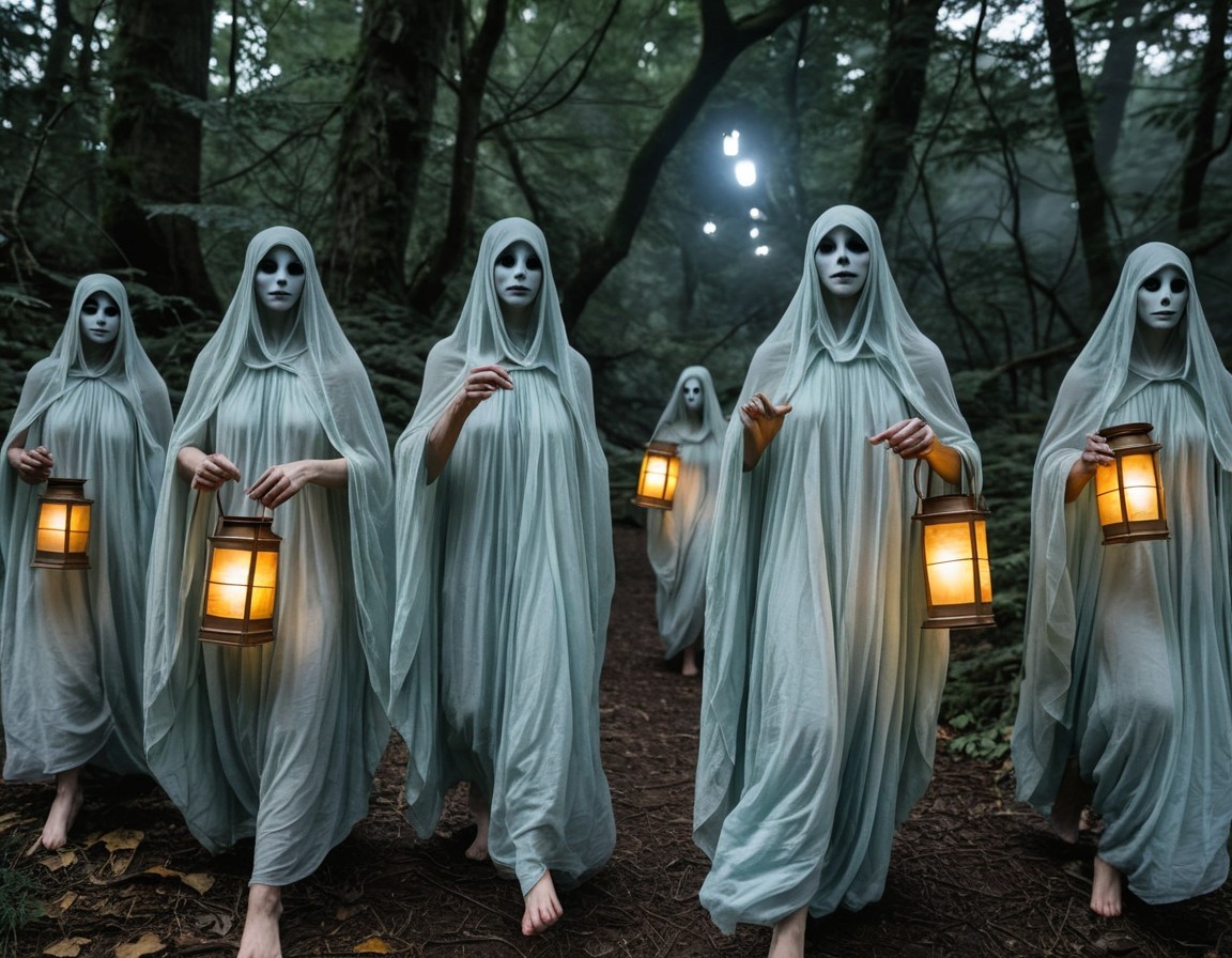 Misty Forest with Cloaked Figures and Glowing Lanterns