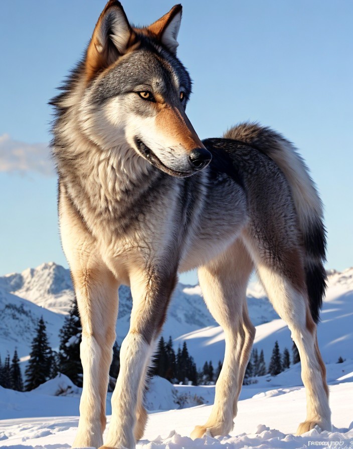 Wolf in Snowy Landscape with Mountains Background