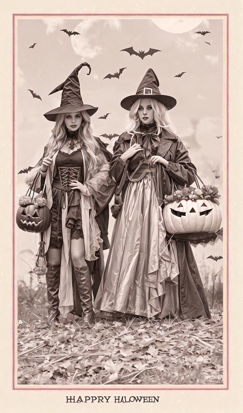 Witches in Autumn Landscape with Pumpkins and Bats