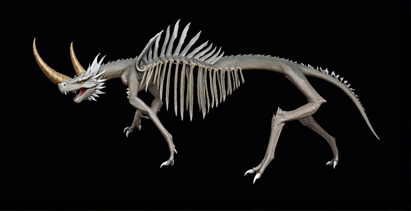 Skeletal Dragon with Horns and Sharp Claws in Profile