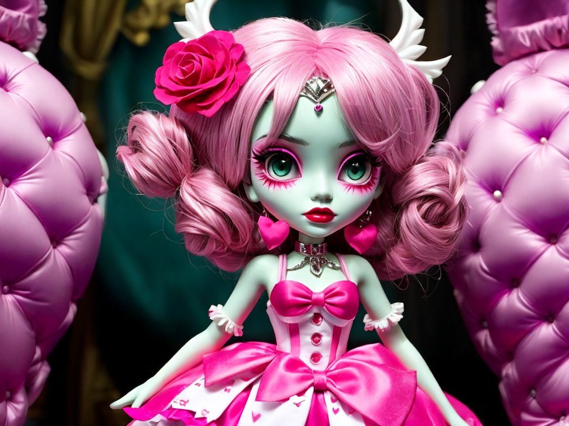 Whimsical Doll with Mint Green Skin and Pink Hair
