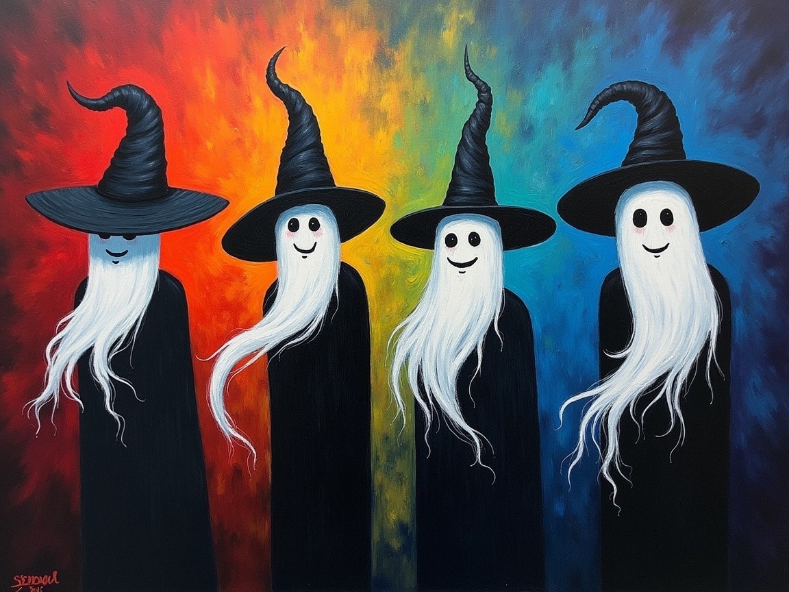 Whimsical Ghost Figures with Black Hats and Beards