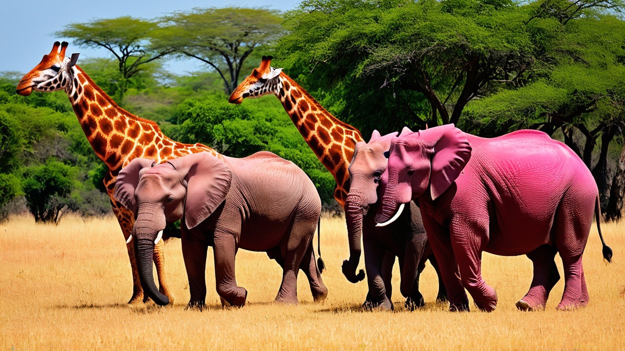 Elephants and Giraffes in a Vibrant Savanna Landscape