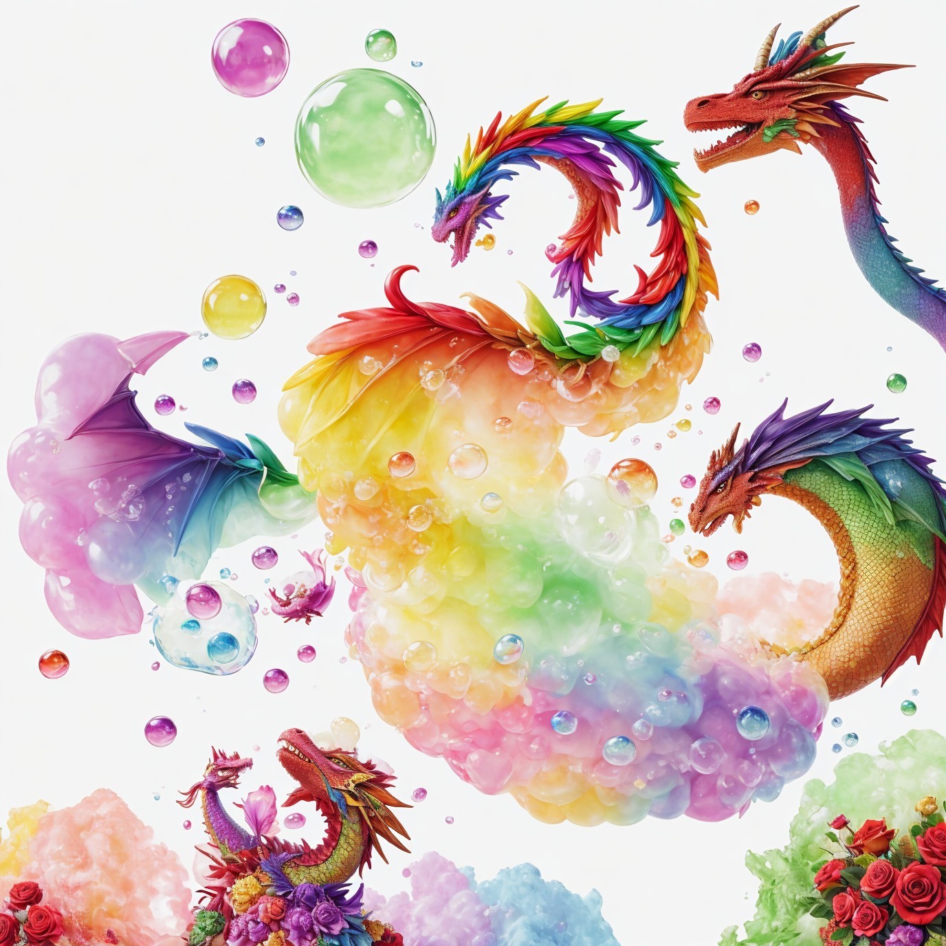 Whimsical Dragons in Rainbow Clouds with Bubbles