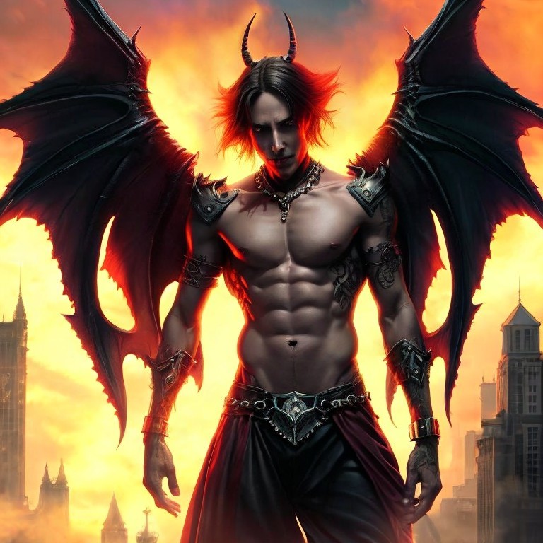 Muscular Figure with Horns and Bat-Winged Wings
