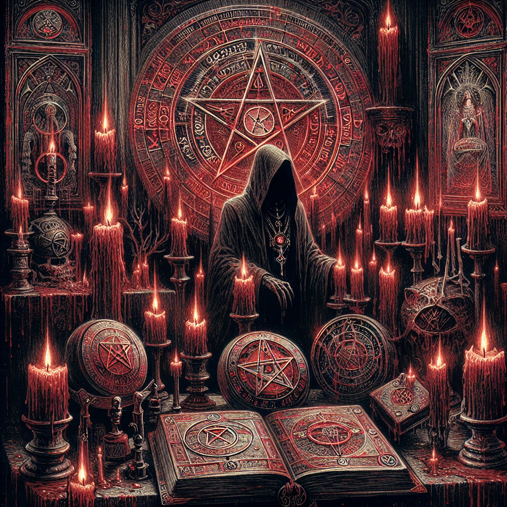 Mystical Scene with Shadows, Candles, and Symbols