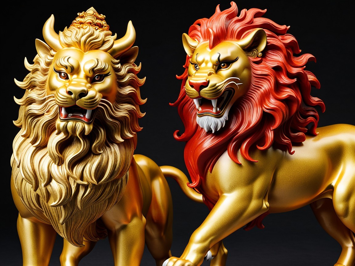 Majestic Lion Sculptures in Gold and Red Finishes