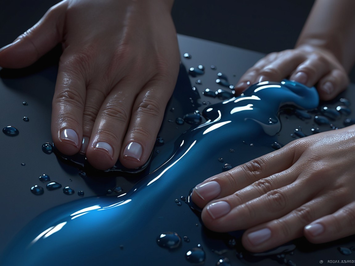 Manicured Hands Creating Ripples in Blue Liquid