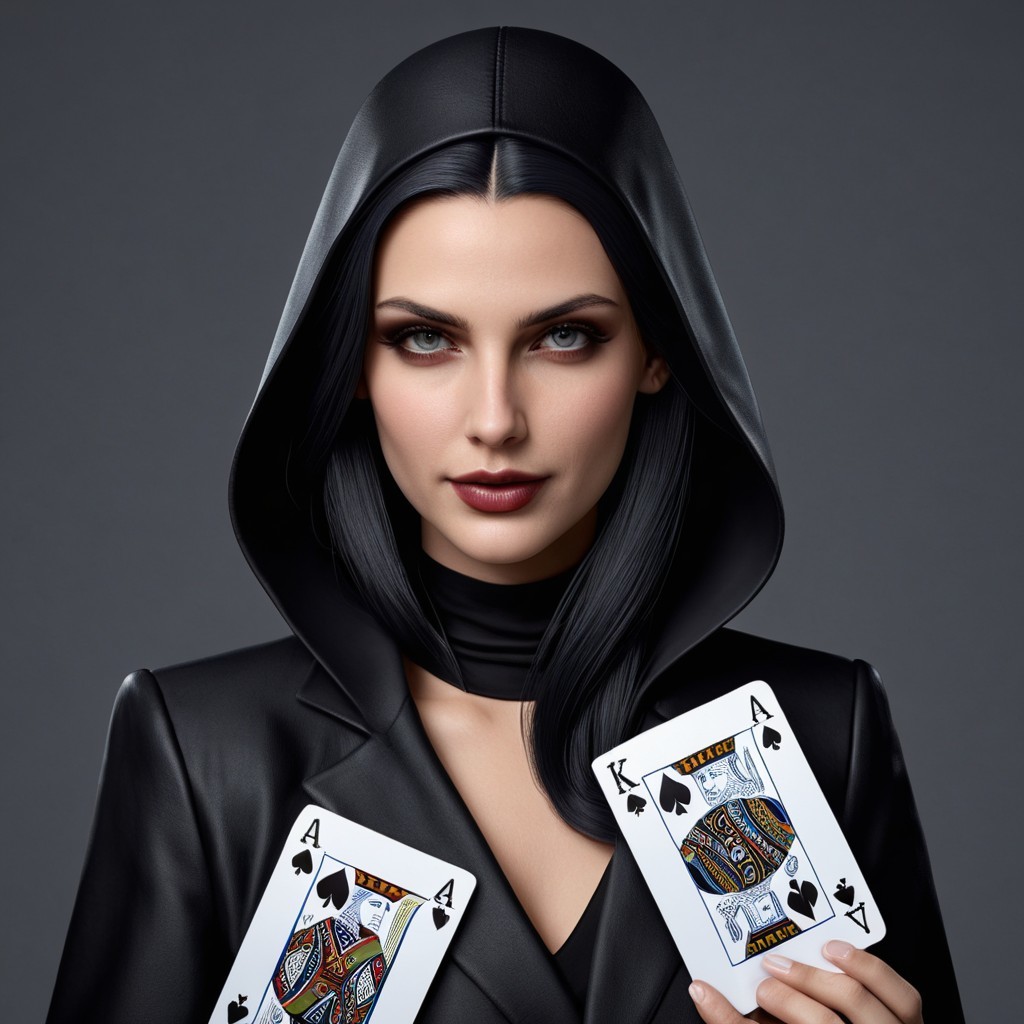 Woman in Black Hooded Outfit with Playing Cards