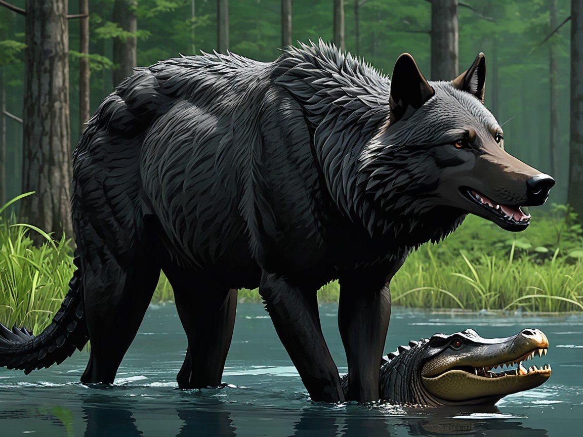 Black Wolf and Crocodile in Serene Forest Scene