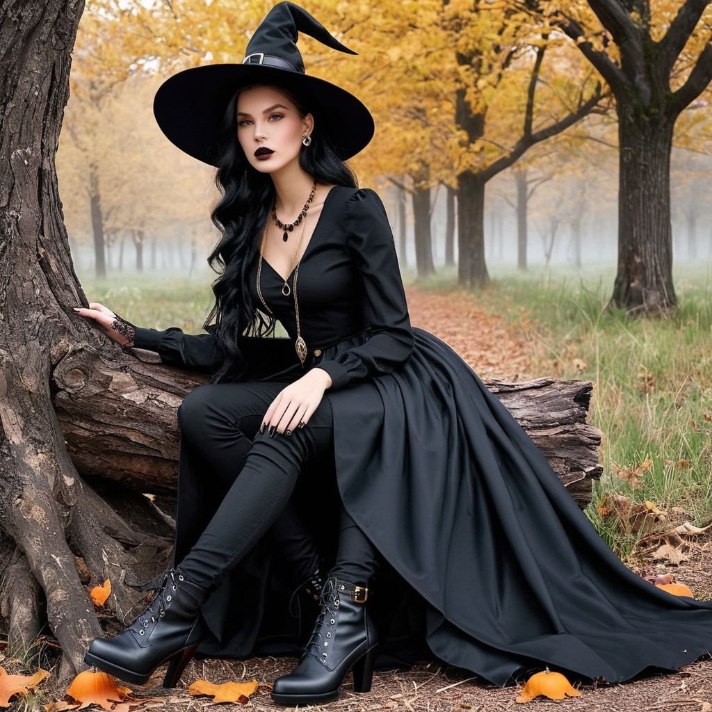 Witch in Black Gown in Autumn Forest with Fog