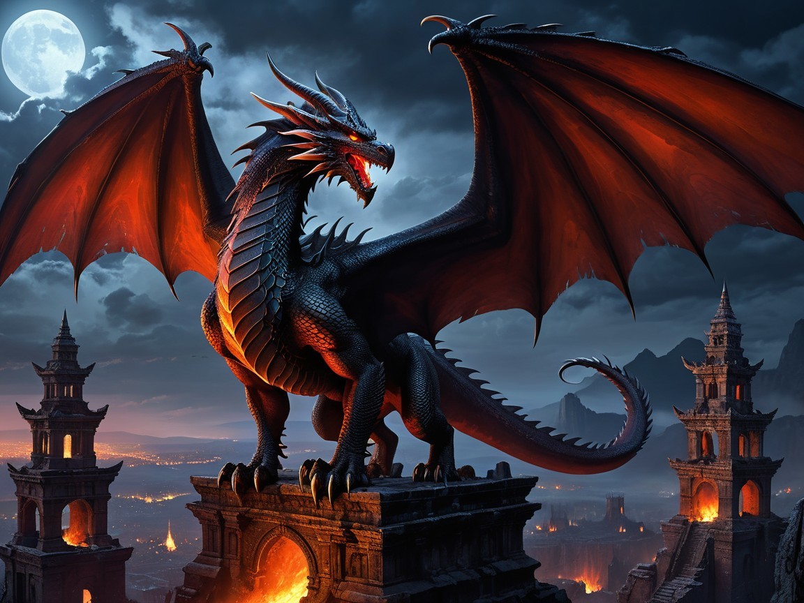 Black dragon on ancient ruins under a night sky