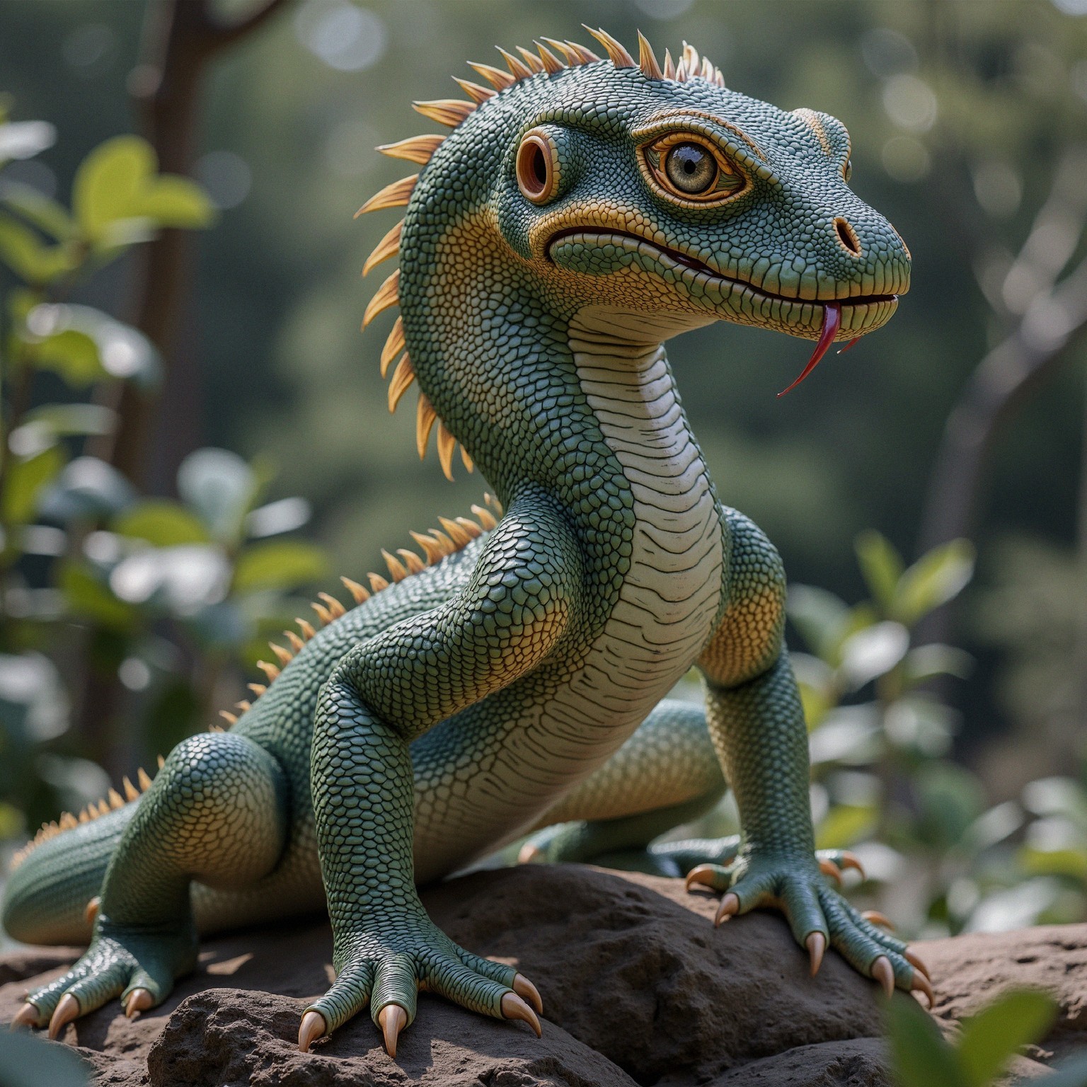 Vibrant Green Reptilian Creature on Rocky Surface