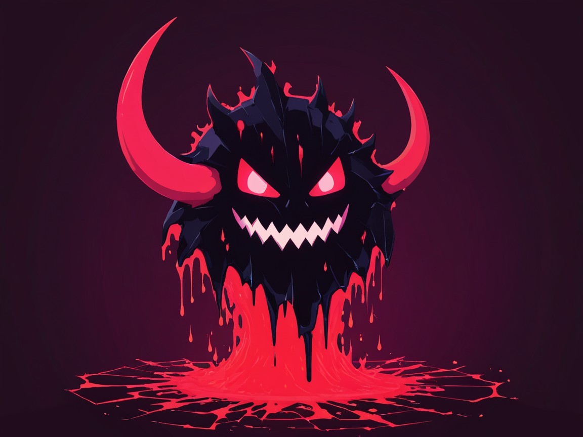 Cartoonish creature in lava with glowing red eyes