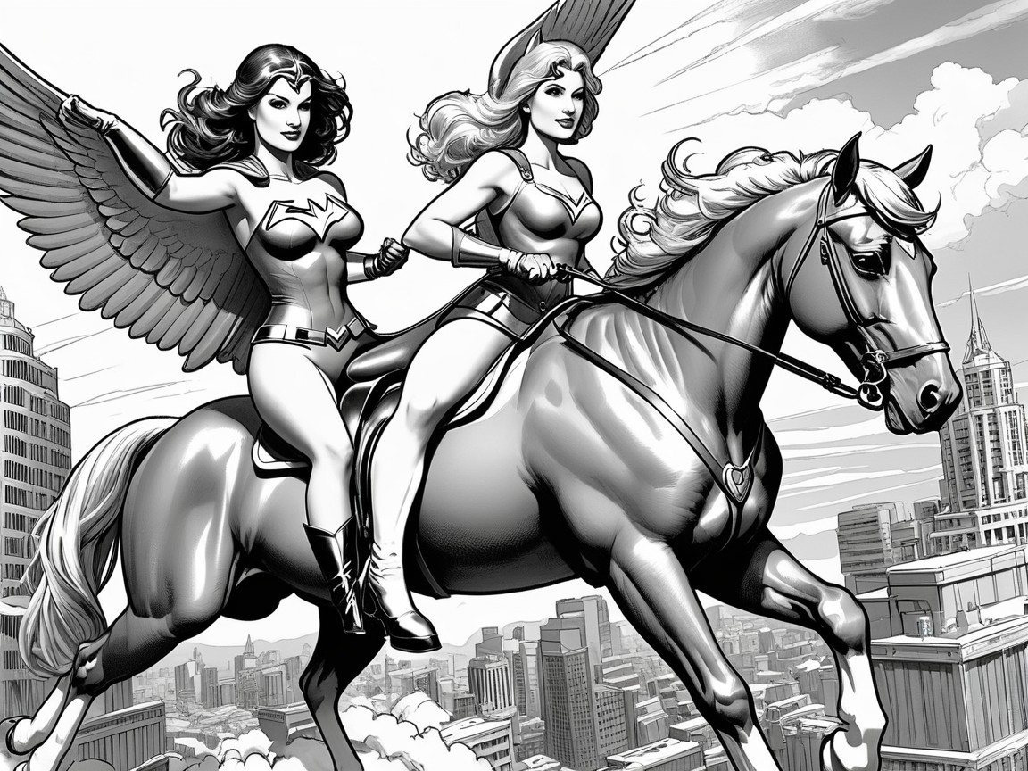 Female superheroes on a white horse in a cityscape