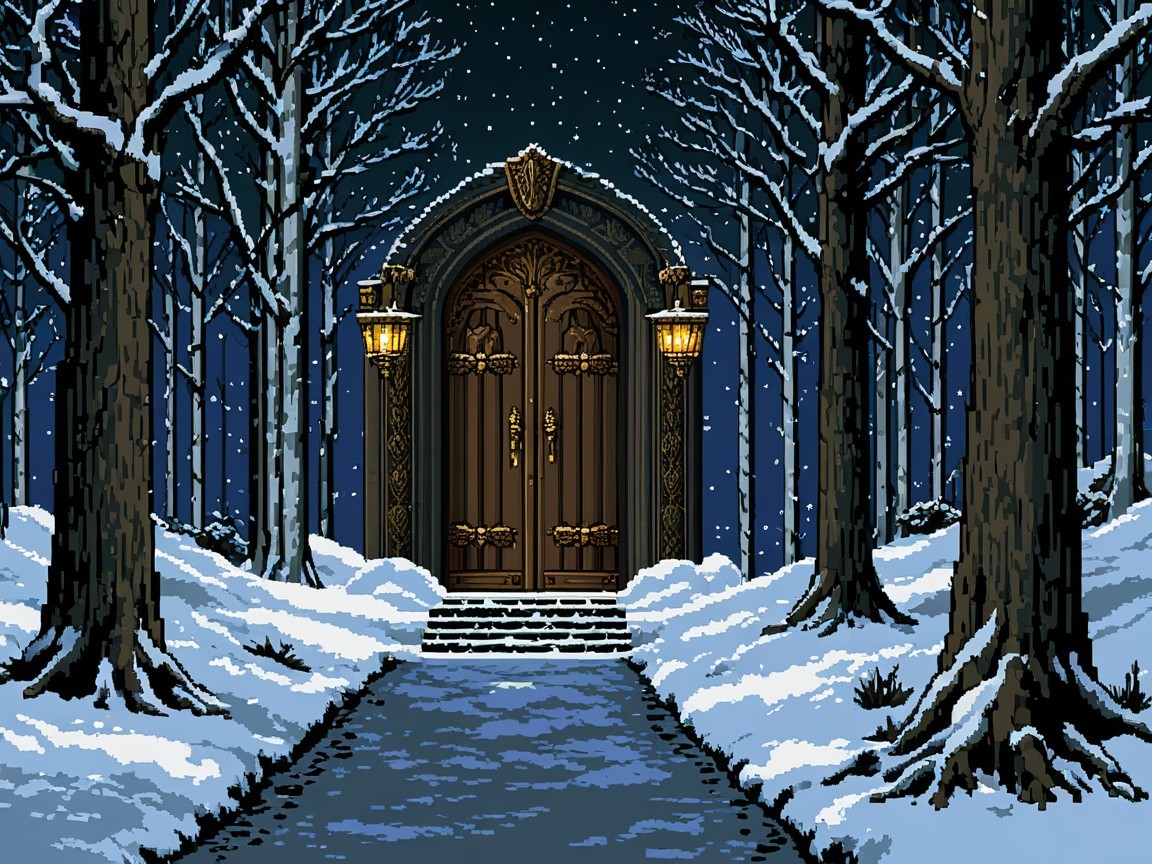 Pixelated Winter Scene with Grand Door and Lanterns