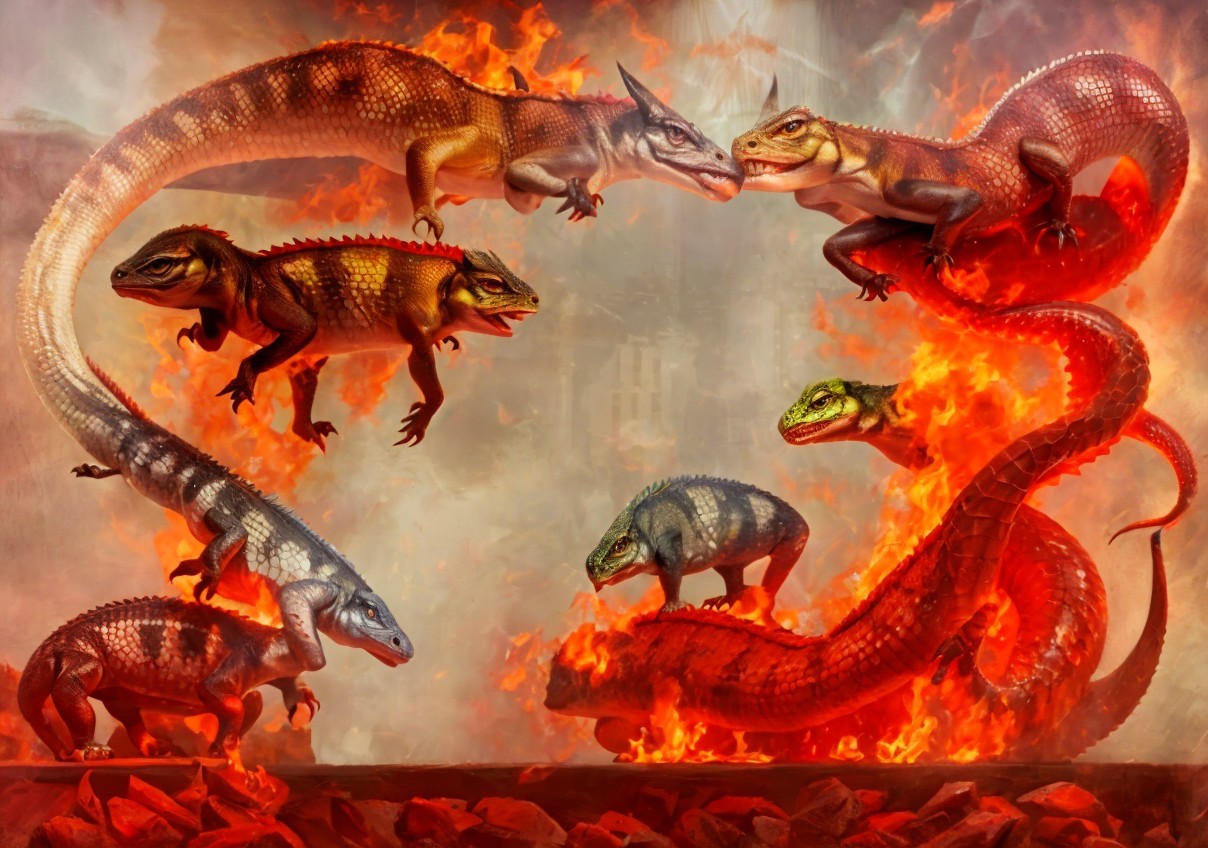 Dramatic Dinosaurs and Reptiles in Fiery Landscape
