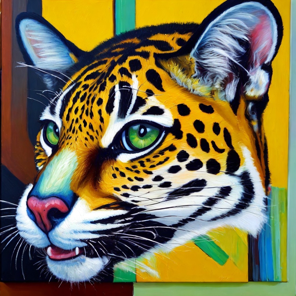 Close-up of a jaguar's head with vibrant colors