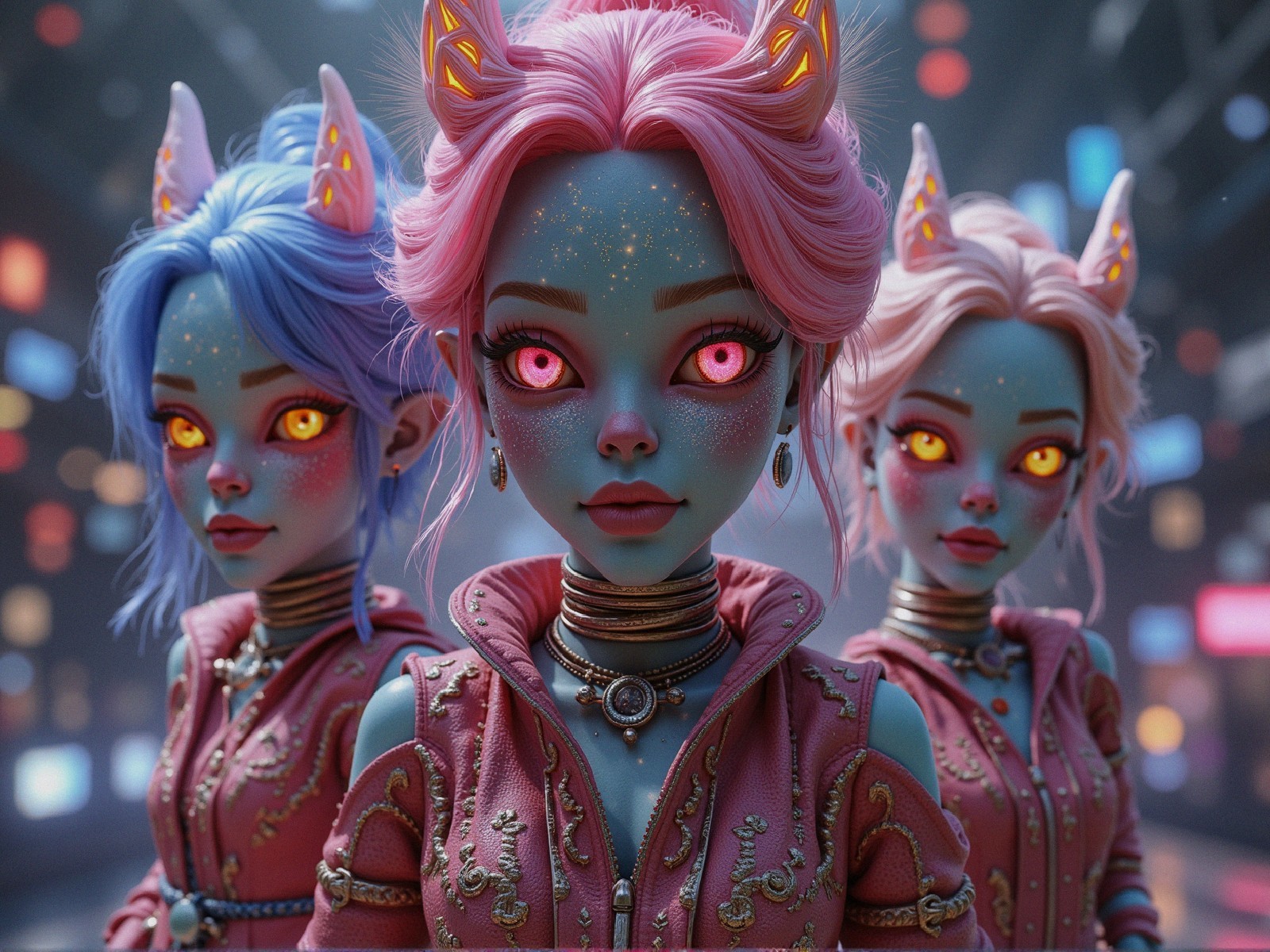 Three Fantastical Characters with Vibrant Hair and Outfits