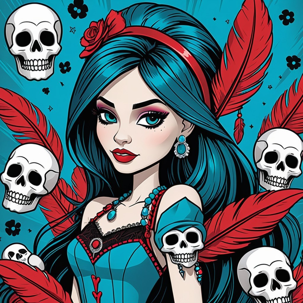 Stylized character with blue hair and vibrant accessories