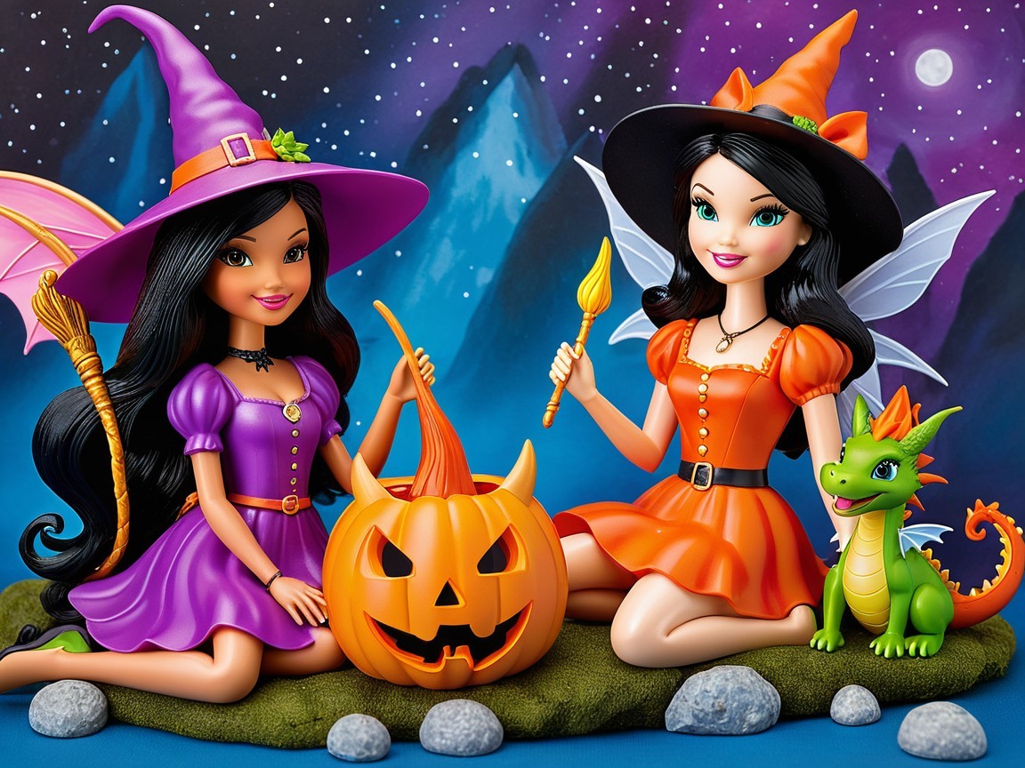 Whimsical Witch Dolls Carving a Jack-o'-Lantern