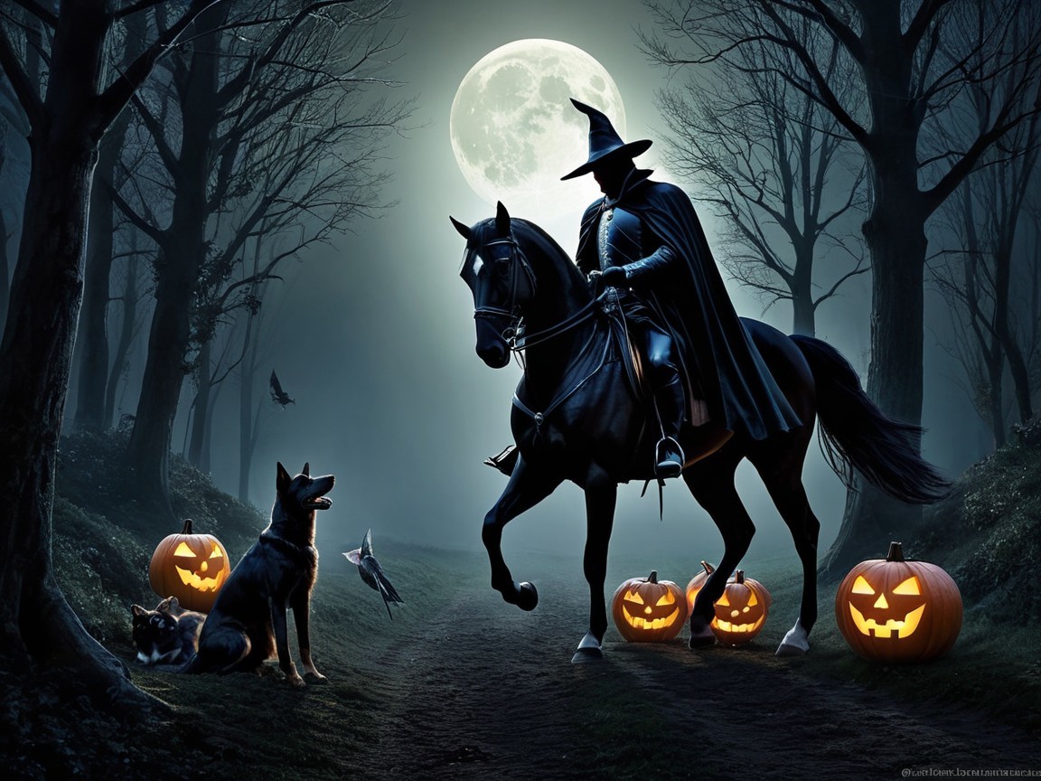 Cloaked Figure on Horse in Misty Halloween Forest