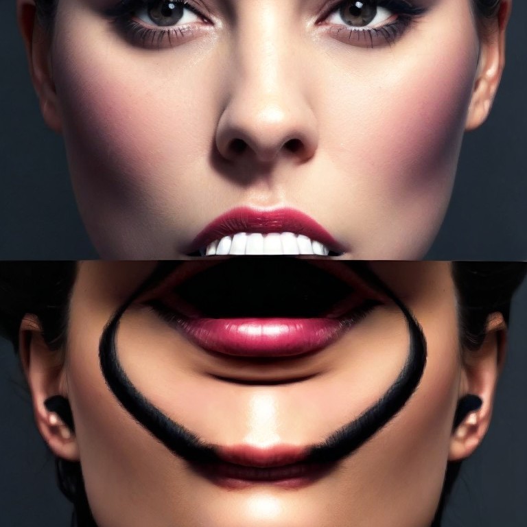Juxtaposition of Bold Woman's Face and Surreal Mouth