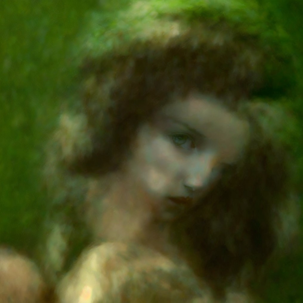 Blurred Figure with Ethereal Expression on Green Background