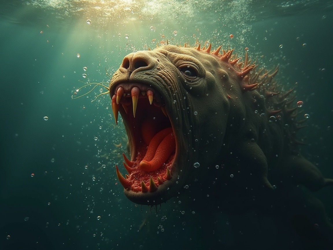 Fantastical creature in dark waters with sharp teeth