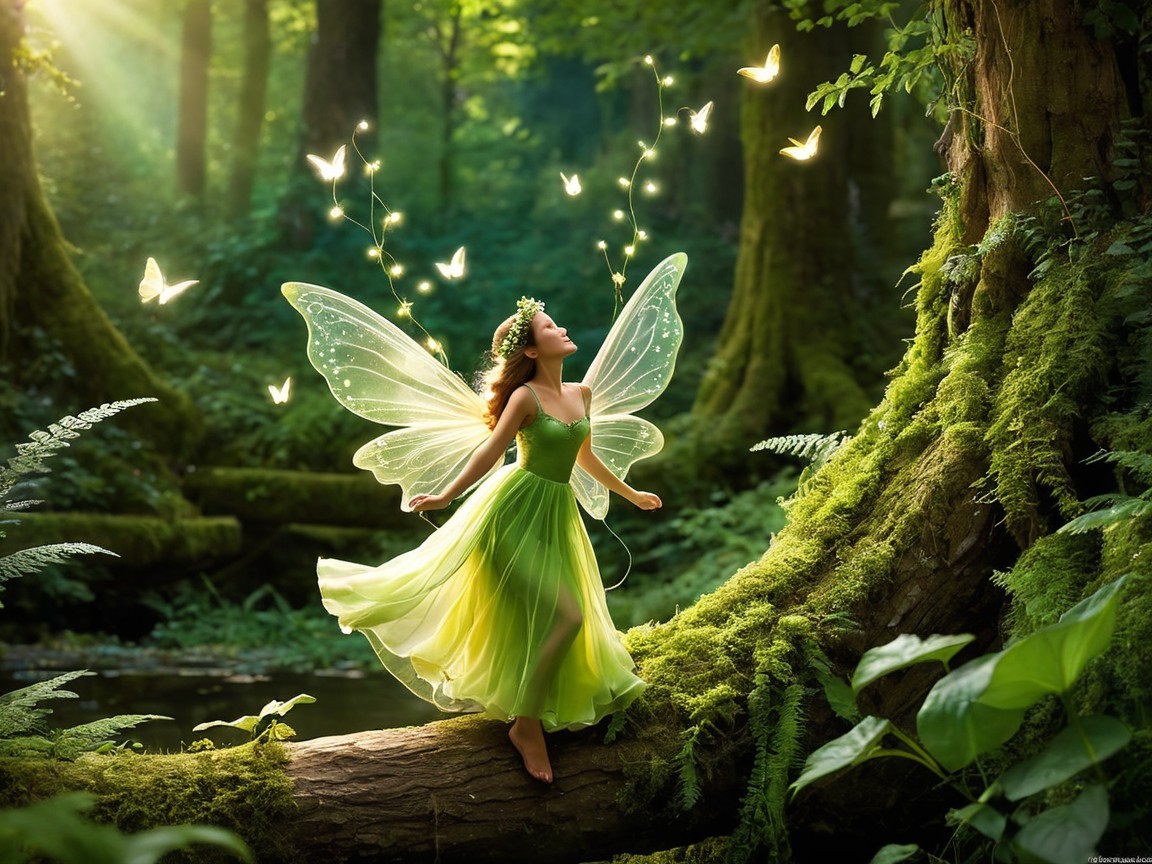 Whimsical Fairy on Moss-Covered Log in Enchanting Forest