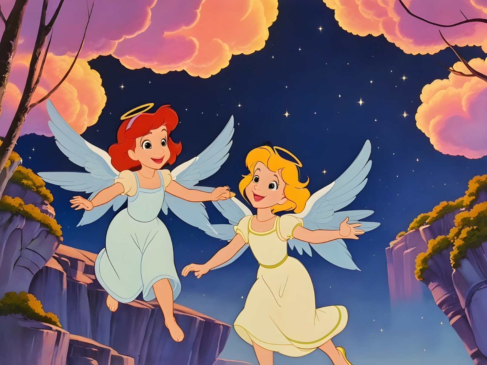 Cheerful Angelic Girls in Dreamy Landscape Scene