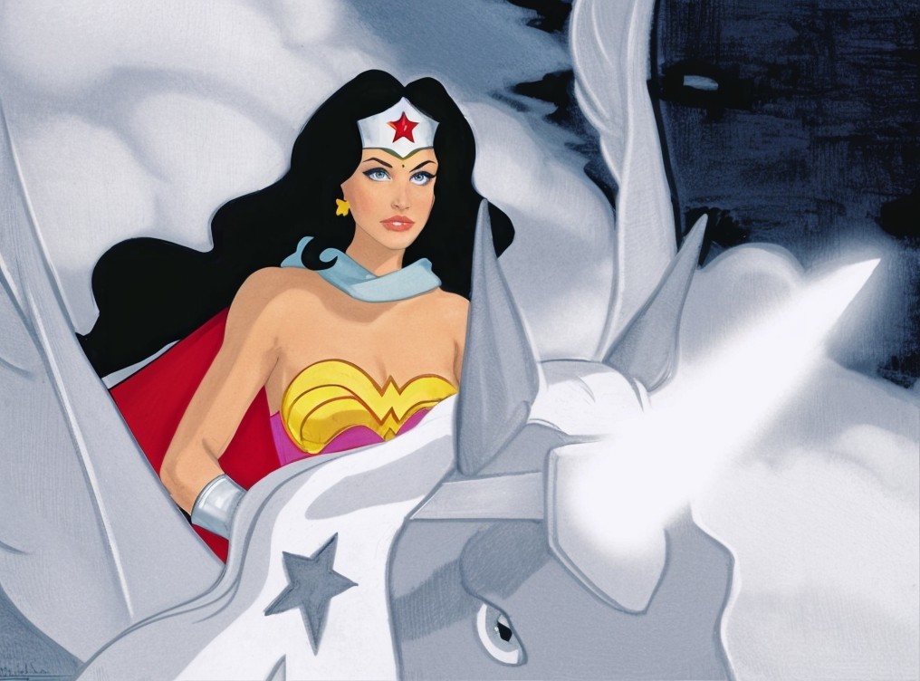 Female superhero on unicorn in gold and red outfit