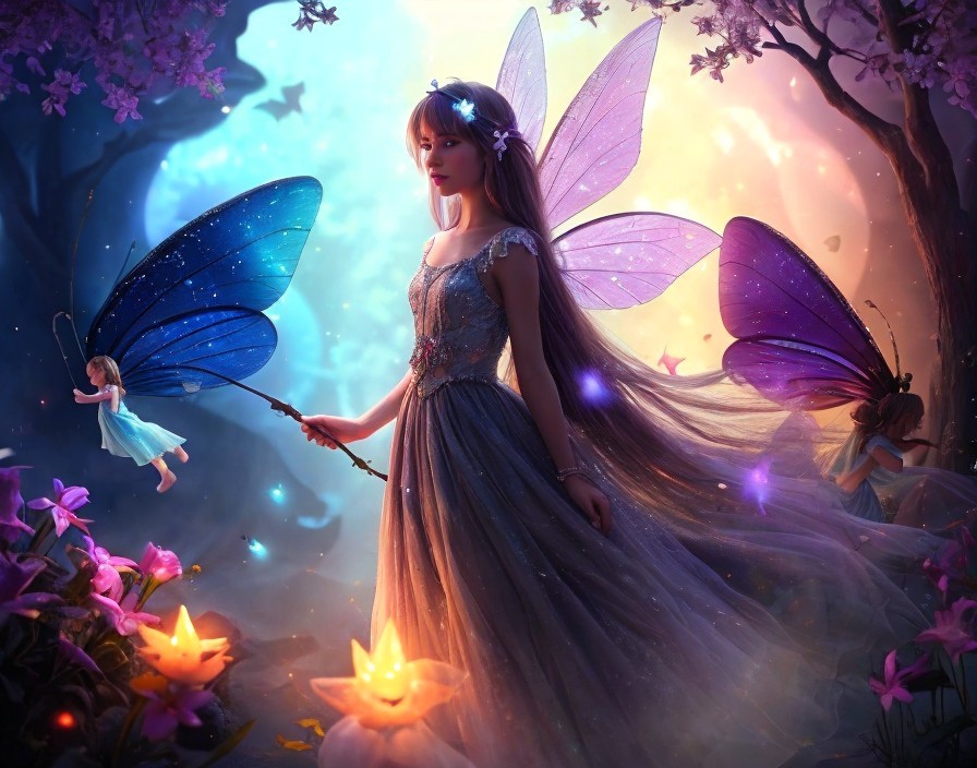 Fairy Queen in Shimmering Gown Surrounded by Butterflies
