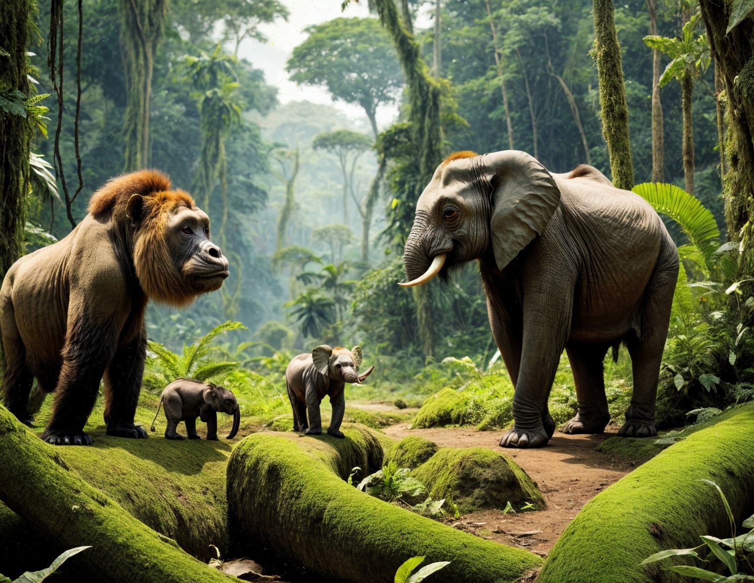 Elephant and Calf in a Lush Jungle Habitat