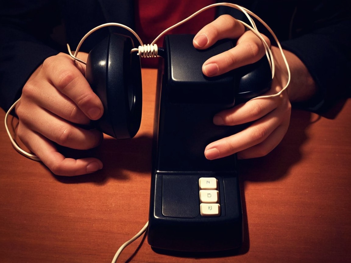 Close-Up of Vintage Black Telephone with Hands