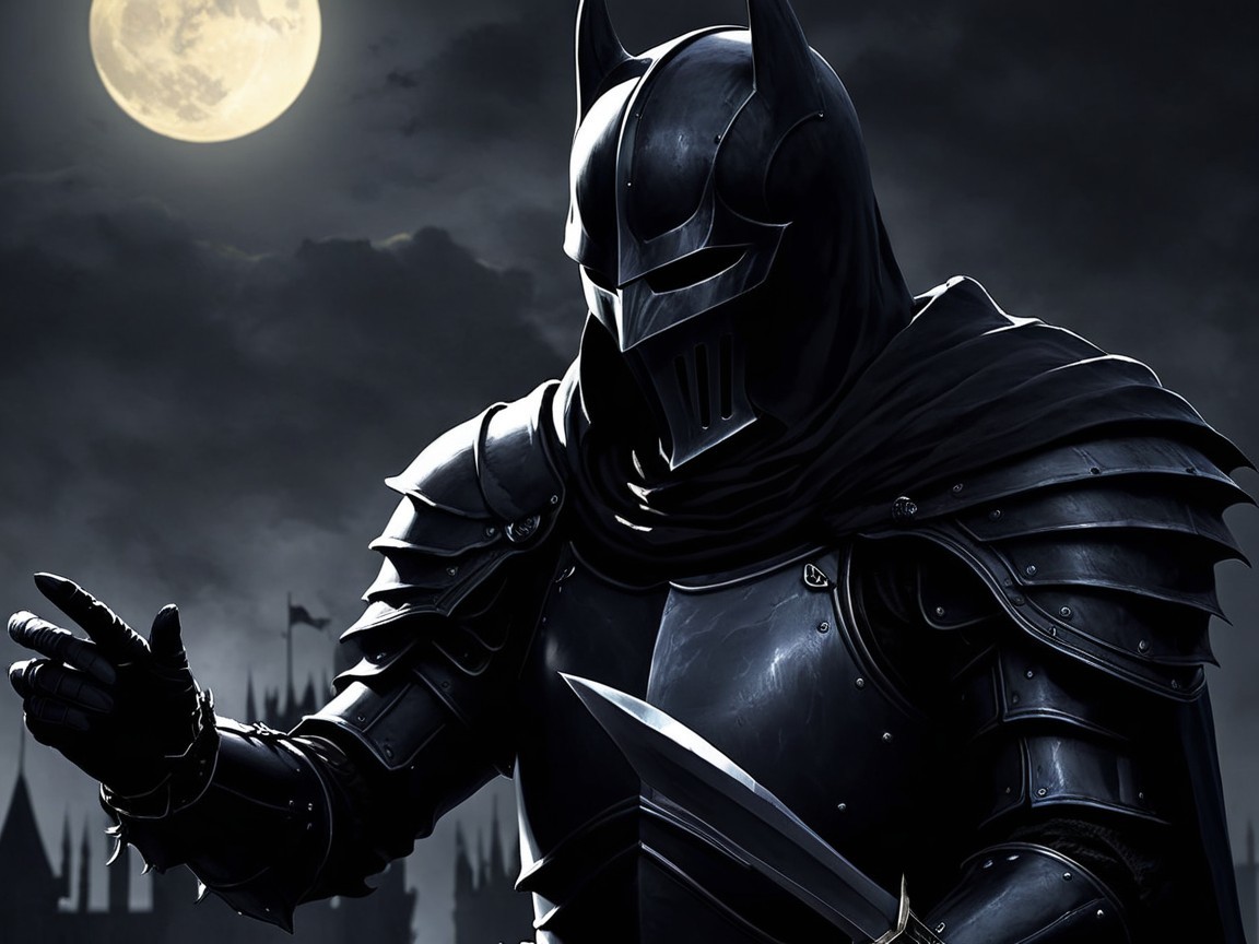 Armored figure under full moon in dark night scene