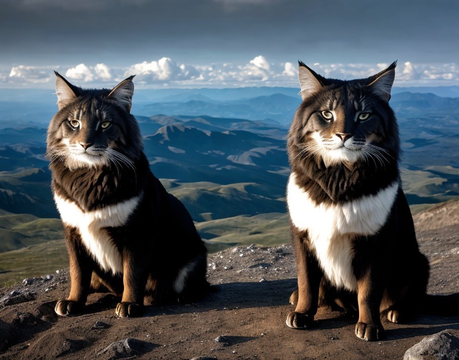 Maine Coon Cats on Rocky Outcrop with Scenic Landscape