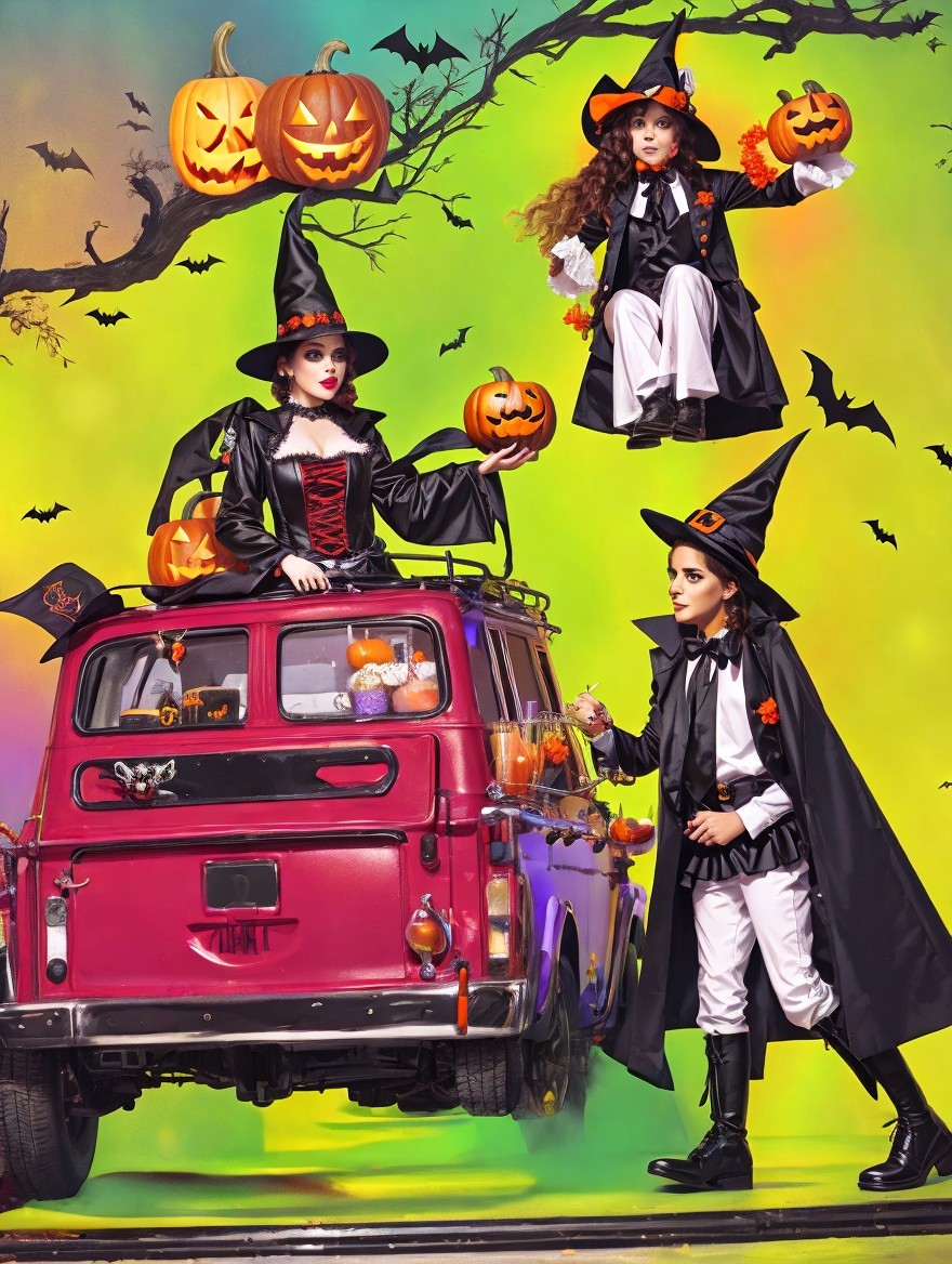 Halloween Scene with Children Dressed as Witches